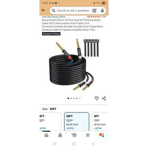 Elecan Dual 6.35mm 1/4 TS to Dual 1/4 TS Stereo Audio Cable 50 Ft, Interconnect